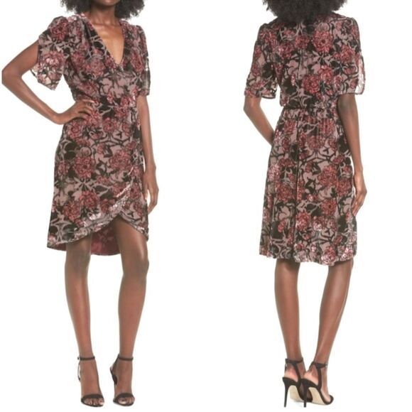 Leith Pink Rose burnout floral velvet tulip sleeve faux wrap dress womens M - Picture 2 of 9